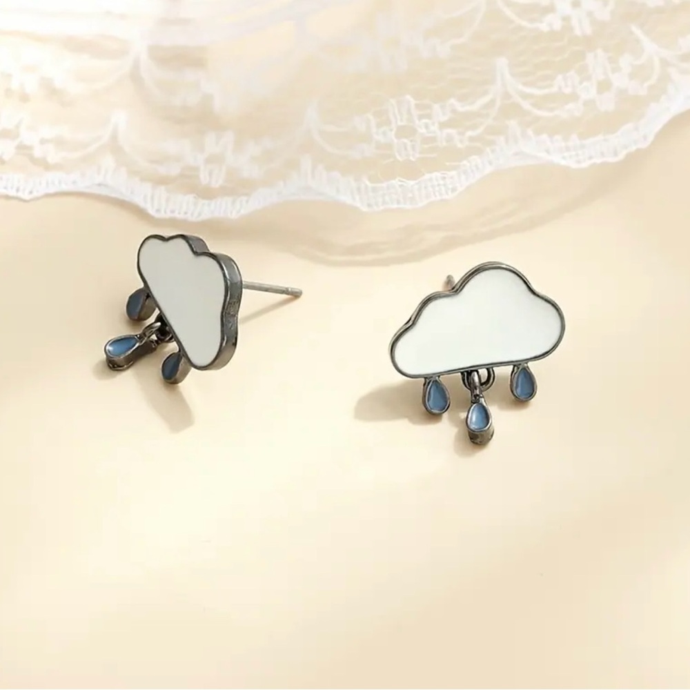 Stormy Skies- Rain Drop Cloud Blue White Enamel Dainty Mini Dangle Gunmetal Stud - Picture 4 of 14